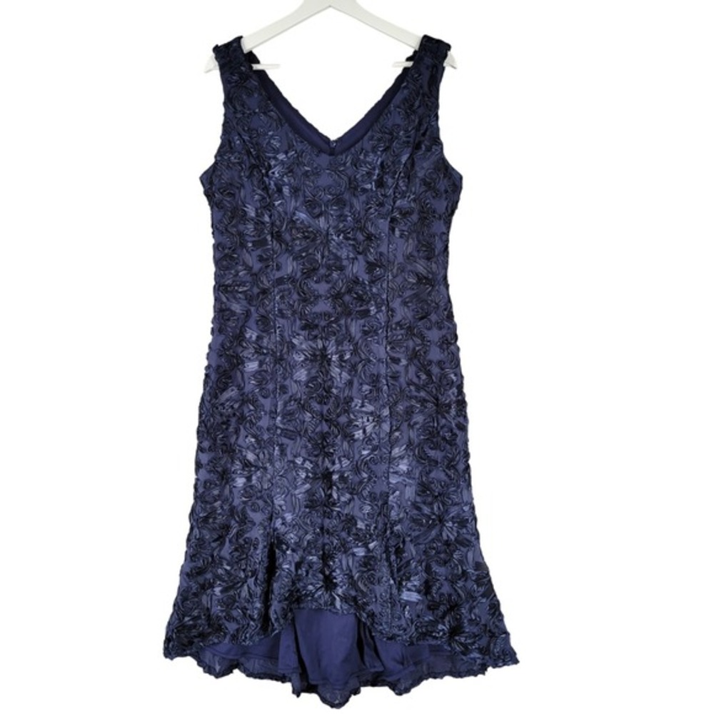 NEW Alex Evenings Navy Blue Floral Rosette V Neck Sleeveless Dress Size 14